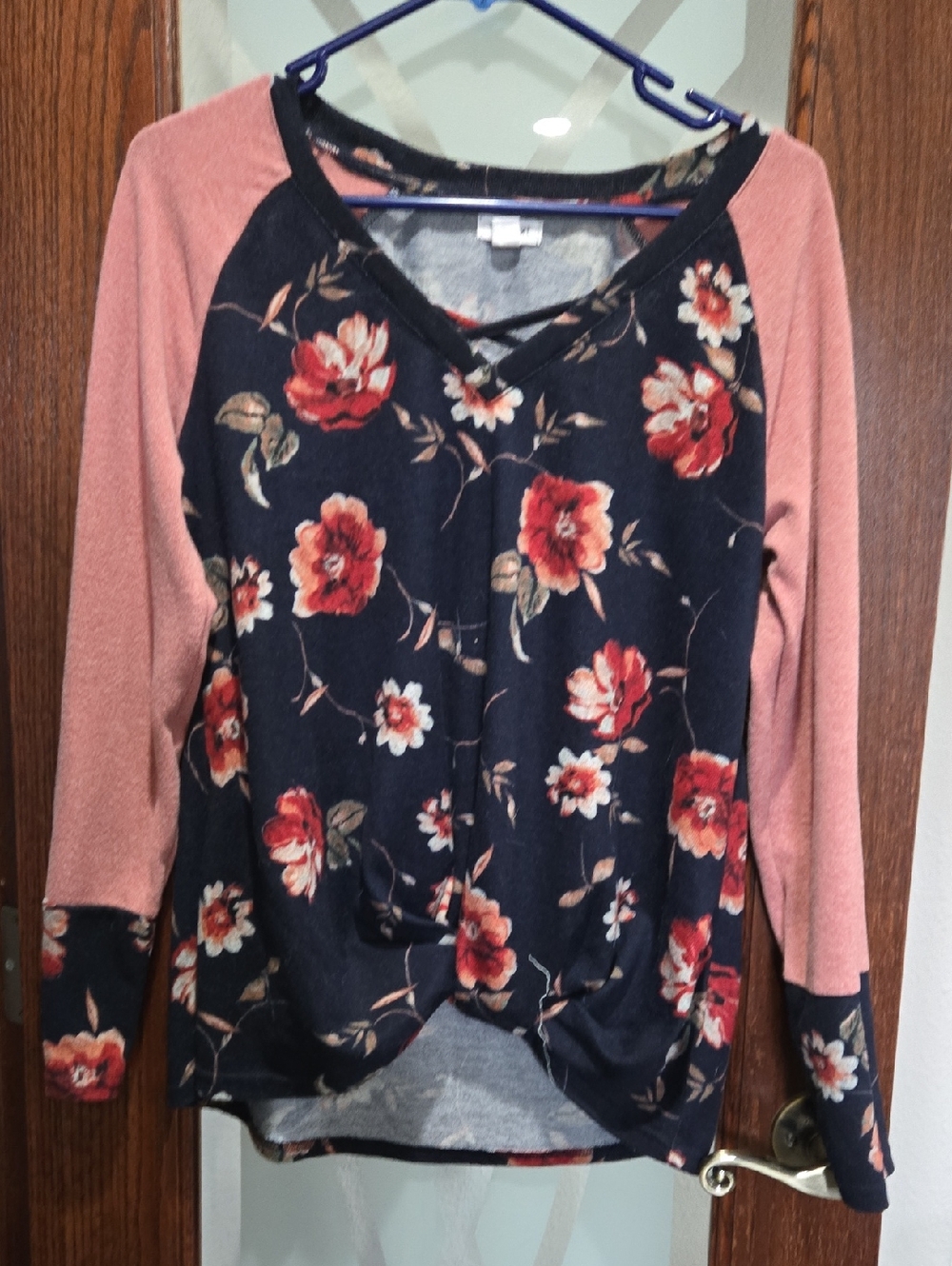 Westport Navy Floral Crisscross V-Neck Sweatshirt with Dusty Rose Raglan Sleeves